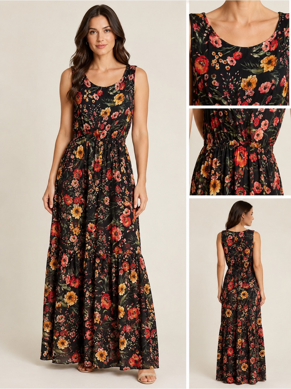 Le Ragazze Silk Black Floral Maxi Tiered Dress — Women's Sleeveless Dress L